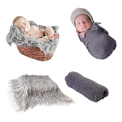 Fondo de fotografía de bebé recién nacido Alfombra de alfombra y manta de ondulación larga Swaddle Wraps para bebés y niños DIY Photo Props (Grey Blanket+dark Grey Wrap)