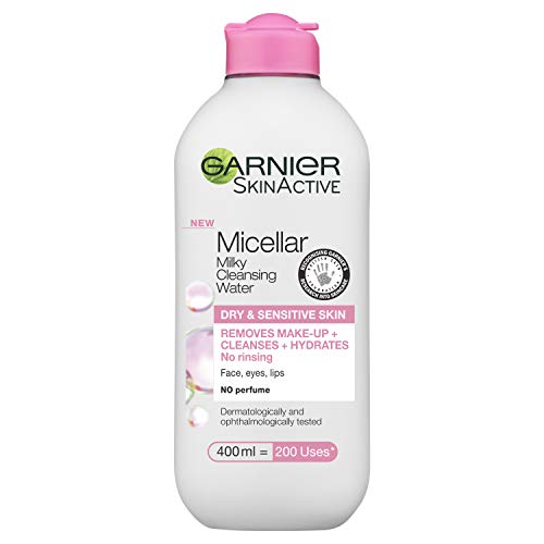 Garnier Micelar Lechosa Agua Limpiadora Piel Seca y Sensible, Hidratante Cara y Ojos Removedor de Maquillaje y Limpiador 400 ml