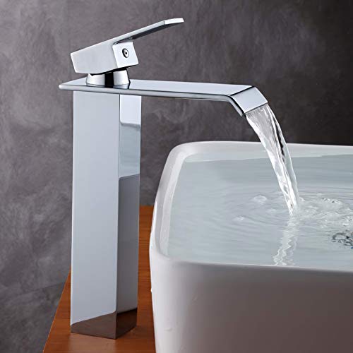 GAVAER Grifo de Lavabo, Alto Grifo Cascada Monomando, Control de Agua Fría y Caliente, Válvula de Cerámica, Acabado Cromado, Latón Grifos Fregadero.