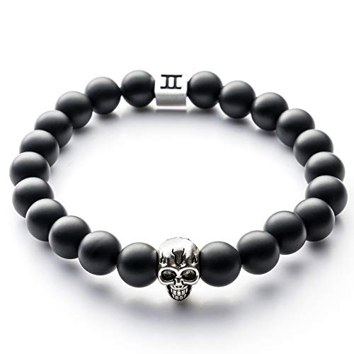 Gemini Pulsera De Hombre Pieza De Calaveras Hecho De Bolas De Piedra Preciosa Negra De Volcanica