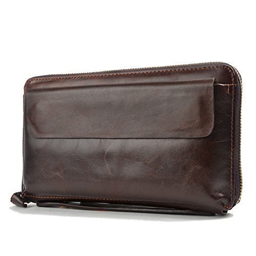 Gendi hombres de negocios billetera Vintage Brown zurriago hombres bolso de embrague 100% cuero genuino embrague bolsa de mano doble zipper monedero para hombre (café)