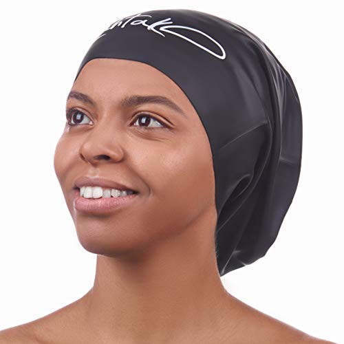 Gorro Piscina - Gorro Natación Mujer y Hombre - Gorro Natación Pelo Largo y Dreadlocks - Gorro de Baño Silicona Extra Grande XL y L - Gorros de Piscina Impermeables Rastas (Negro XL)