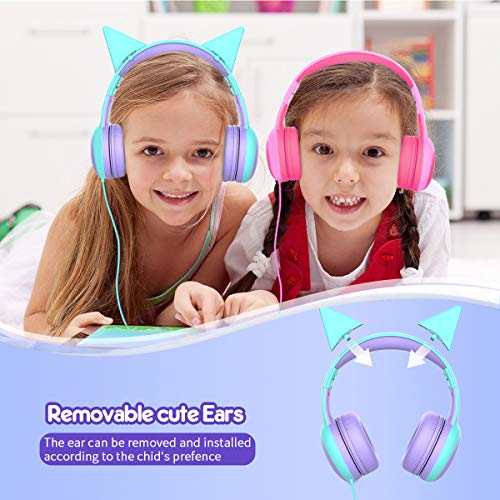 Gorsun Auriculares para niños, Volumen Limitado en el oído Auriculares para niños con Conector de Audio de 3.5 mm para niñas y niños, Auriculares con Cable Ajustable y Plegable (Morada)