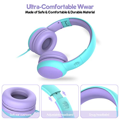 Gorsun Auriculares para niños, Volumen Limitado en el oído Auriculares para niños con Conector de Audio de 3.5 mm para niñas y niños, Auriculares con Cable Ajustable y Plegable (Morada)