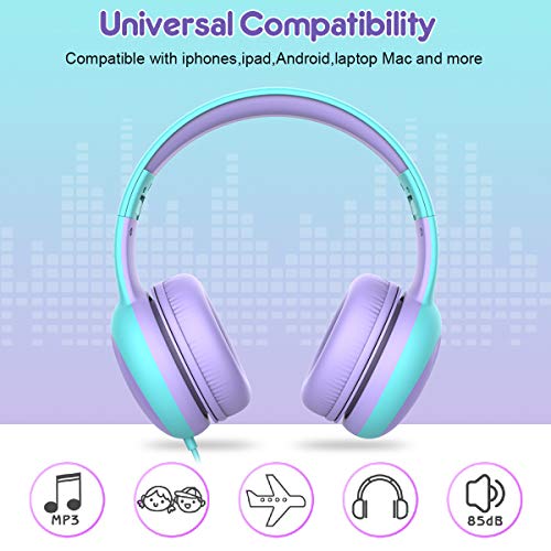 Gorsun Auriculares para niños, Volumen Limitado en el oído Auriculares para niños con Conector de Audio de 3.5 mm para niñas y niños, Auriculares con Cable Ajustable y Plegable (Morada)