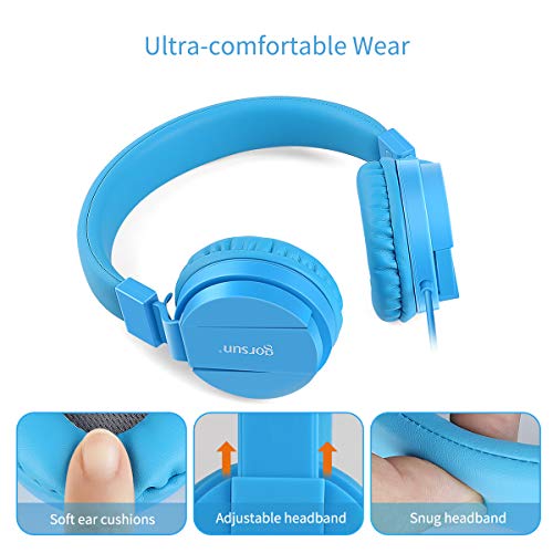 Gorsun® Auriculares para Niños,Plegable Cómodos Auriculares Niños con Seguro Material,Auriculares Infantiles con Ligera Diadema,Estéreo Cerrados Cascos para Niños -Azul