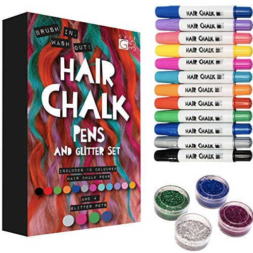 Hair Chalk Pens and Glitter - 12 Chalks and 4 Glitters - Deluxe Set of Colour Crayons - Girls Birthday Rainbow Gift Present