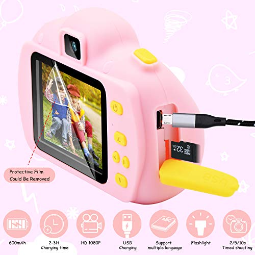 Hangrui Cámara para Niños, HD Doble Objetivo Juego Video Cámara de Fotos Digital con Tarjeta de Memoria de 32GB, Pantalla de Protección Ocular IPS de 2,4 Pulgadas, a Prueba de Golpes (Rosado)