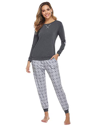 Hawiton Pijamas Mujer de algodón, Mangas Larga Camiseta y Pantalones de Lunares ondulados Conjunto de Ropa de Dormir 2 Piezas,Pijamas otoño Invierno Tallas Grandes，Azul Profundo，XXL