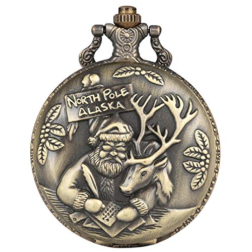 HELBOD Reloj de Bolsillo Retro North Pole Alaska Santa Claus Elk Deer Quartz Pocket Watch Collar Colgante Souvenir Regalos   para Hombres Mujeres, Bronce