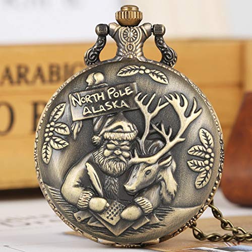 HELBOD Reloj de Bolsillo Retro North Pole Alaska Santa Claus Elk Deer Quartz Pocket Watch Collar Colgante Souvenir Regalos   para Hombres Mujeres, Bronce