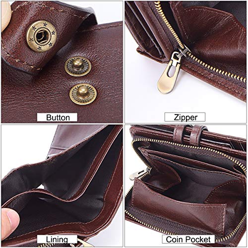 HNOOM Carteras para hombre Cuero genuino RFID Bloqueo Carteras para caballeros Cartera de cuero de gran capacidad plegable y delgada con 14 ranuras para tarjetas de crédito, bolsillo con cremal (café)