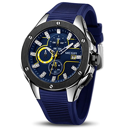 Hombre Relojes Moda Impermeable Silicona Cronógrafo Relojes Negocios Analogicos Cuarzo Relojes Clásico Azul Correa Fecha Calendario Relojes