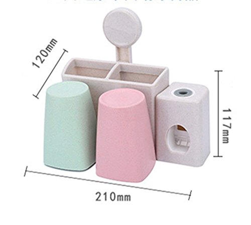 HomeYoo Dispensador automático de Pasta de Dientes y Conjunto de portacepillos de Dientes, Tallo de Trigo Soporte de Pared Exprimidor de Aerosol Enjuague Copas Cepillo Tragamonedas (2 Tazas)