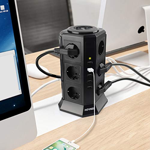 HOVNEE Regleta Vertical Enchufes de 12 Tomas Corrientes y 5 Rápida USB Tomas, Alargadora Cable de 2m con Protección y Interruptor, Base Múltiple, Tapón de Seguridad, 2500W/10A (17-EN-1)