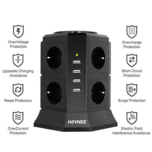 HOVNEE Regleta Vertical Torre Enchufes proteccion sobretension de 8 Tomas Corrientes y 4 Rápida USB Tomas, Cable de extensión de seguridad de 2m y Interruptor, Tapón de Seguridad, 2500W/10A