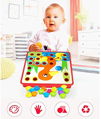 HUYIYI Tablero de Mosaicos Infantiles, Puzzle 3D, Rompecabezas Niños de Uñas Setas, Tablero de Coincidir Colores con 35 Botones y 12 imágenes, Juguete Educativo Temprano para niños y bebés de 3+años