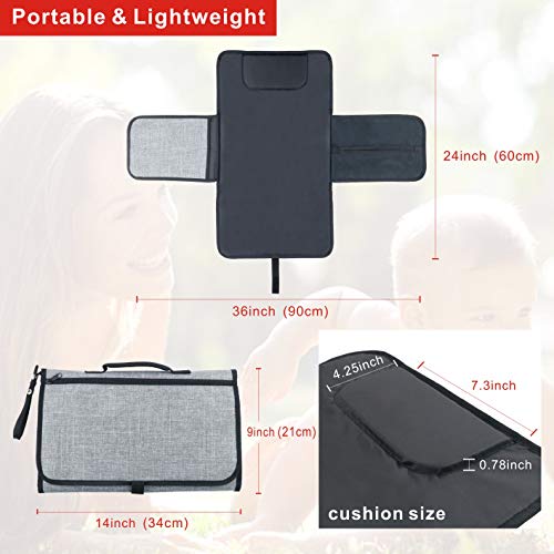 Idefair Portátil Bebé Cambiador, Impermeable Cambio de Pañales Pad Cojín Para Cabeza Con Bolsillos, Plegable Orinal Infantil Pad Kit de Cambiador Para el Hogar Viaje Fuera Gris