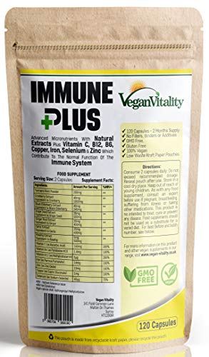 Immune Plus - Vitaminas Defensas - Mejora el Sistema Inmunitario con 14 Vitaminas y Extractos Naturales, Vitamina C, Zinc, Cúrcuma, Selenio, Jengibre, Arándano, Saúco, Ajo, Vitamina B12 y Vitamina B6