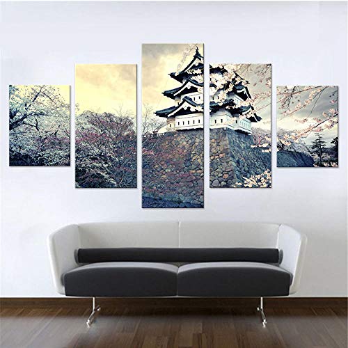 Impresiones de Pintura decoración del hogar Lienzo Moderno 5 Piezas Conjunto Ciudad Sakura Japón Primavera para Sala de Estar Modular HD Wall Art Picture 30x50cmx2 30x70cmx2 30x80cmx1 Sin Marco