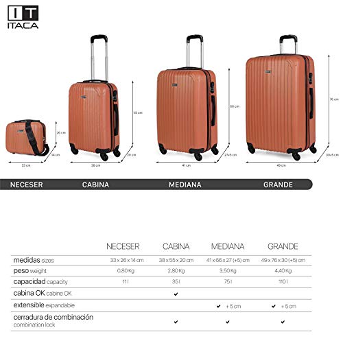 ITACA - Maleta de Viaje Cabina Rígida 4 Ruedas 55 cm Trolley ABS. Equipaje de Mano. Pequeña Resistente Cómoda y Ligera. Low Cost Ryanair. Estudiante. Calidad y Diseño. T71550, Color Mandarina