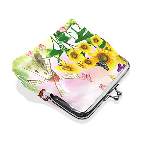 JHGFG Estuche de Cuero Monedero Monedero Molino de Viento Flores Paisaje Cambio Monedero para niña