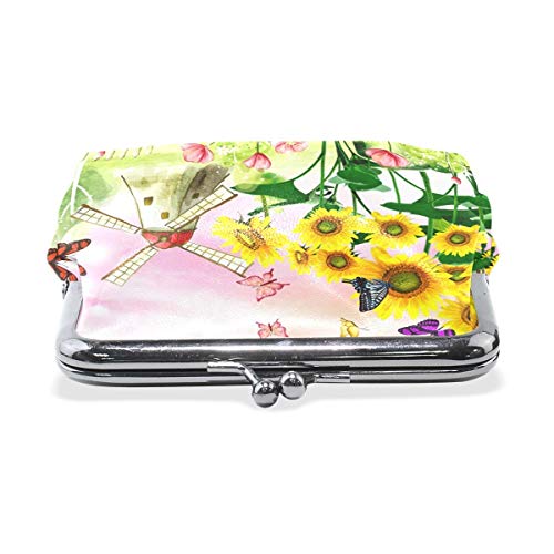 JHGFG Estuche de Cuero Monedero Monedero Molino de Viento Flores Paisaje Cambio Monedero para niña