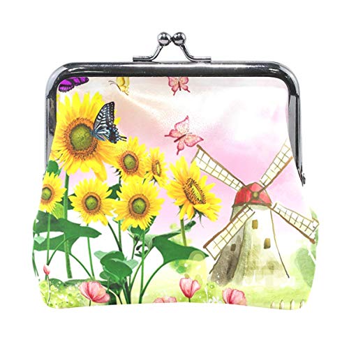 JHGFG Estuche de Cuero Monedero Monedero Molino de Viento Flores Paisaje Cambio Monedero para niña