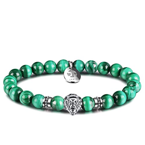 JOXFA Lion Pulseras para Hombres Mujeres, 8 mm de Piedras Preciosas Naturales Mala Beads Agate Bead Bracelet Healing Courage Charm Elastic Stretch Pulseras con Cuentas Regalo (Malachite)