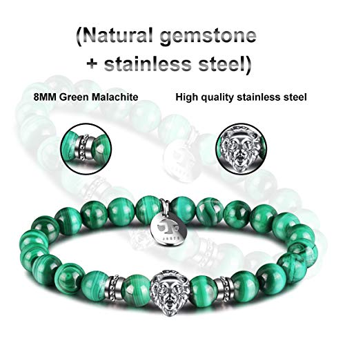 JOXFA Lion Pulseras para Hombres Mujeres, 8 mm de Piedras Preciosas Naturales Mala Beads Agate Bead Bracelet Healing Courage Charm Elastic Stretch Pulseras con Cuentas Regalo (Malachite)