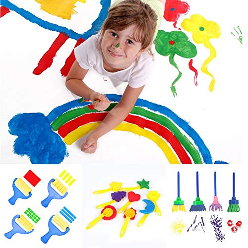 Juego de Pinceles de Pintura de Esponja para niños, Kit de Pinceles de patrón de 31 Piezas para niños Que pintan Doodle Doodle de Aprendizaje temprano, Delantal Impermeable de Manga Larga