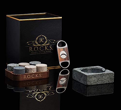 Juego de Regalo de Piedras de Güisqui con Cortador de Puros y Cenicero - Bandeja de Presentación y Almacenamiento - Caja de Regalo de Papel de Oro de R.O.C.K.S.