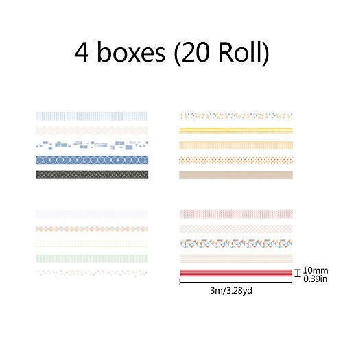 Juego de rollos de cinta adhesiva Washi en cuatro temas,20 unidades de 10 mm x 5 metros de cinta decorativa para manualidades, para álbumes de recortes, envolver regalos, bricolaje