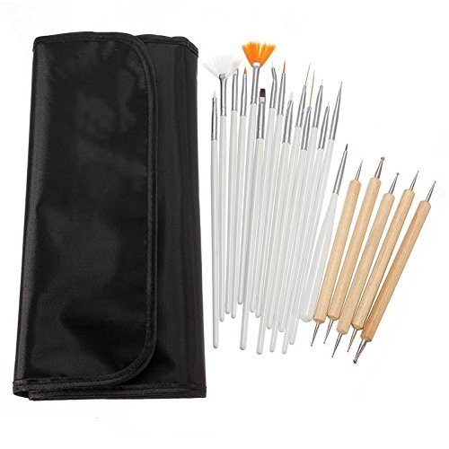 JZK Set de 20 pinceles uñas gel profesionales para diseño de uñas, cepillos uñas punzones para decoración de uñas pintura patrón puntos trabajo detalle, con bolso negro