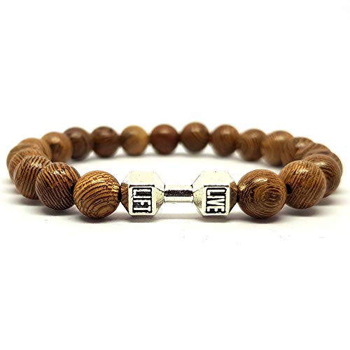 KARDINAL.WEIST Pulsera de Cuentas de Madera Natural con Cuentas Live Lift con Mancuernas, Brazalete de Yoga para Hombres y Mujeres (1 - haltera)