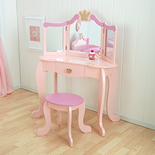 KidKraft- Princess Juego de tocador con espejo y taburete de madera, cuarto de juegos para niños/muebles de dormitorio, Color Rosa (76123)