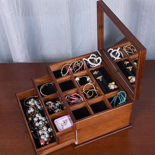 Kimmyer Joyero Organizador, joyero de Madera de 3 Capas con patrón de Alfalfa de Cuatro Hojas, Vitrina de joyería, para Collar, Pendiente, Anillo, Regalos de cumpleaños, Color Nogal