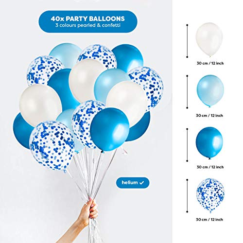 Kit Decoración Fiesta Cumpleaños Niño - Pancarta Happy Birthday, Pompones, Globos, Globos Confeti, Banderas, Serpentinas y Guirnalda - Conjunto Azul y Blanco para Celebración de Niño - 59 Piezas