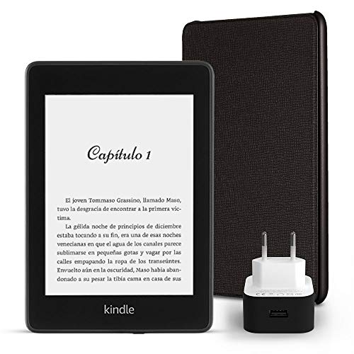 Kit Esencial Kindle Paperwhite, incluye un e-reader Kindle Paperwhite, 8 GB, wifi, sin ofertas especiales, una funda Amazon de cuero en color negro y un adaptador de corriente Amazon PowerFast