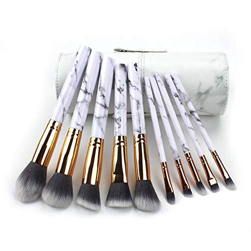 Kit pinceles maquillaje 10 piezas Mezcla Profesional por Líquido base Polvo esparcido Sonrojo Belleza Herramientas Cosmético Mullido Multifuncional Kabuki Portátil Viajar Con el cubo,Marbletexture