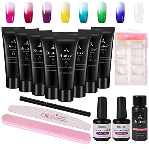 Kit Polygel de Uñas que Cambia de Color con Temperatura 15ml 8 Colores Gel de Uña con Capa Superior y Base, Punta de Uñas, 2 Lima de Uñas, Cepillo de Doble Punta y Espátula, Solución Deslizante