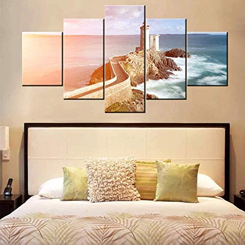 Kxoosovs® 5 Piezas De Arte De Pared 200X100Cm Sala De Estar Faro Molino De Viento Cuadro De Arte De Pared Pintura De Lienzo De Múltiples Paneles Impresiones En HD Decoración De Ilustraciones En Color