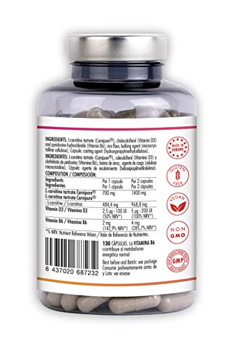 L-CARNITINA Alta Concentración Complemento L Carnitina Tartrato con Vitaminas B6 y D3 Quemagrasas, Mejora Energía Resistencia Rendimiento Deportivo Ayuda Adelgazar. 130 Cápsulas Veganas. Heathinfoods