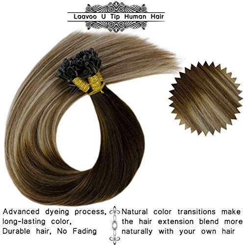 LaaVoo 22Pulgadas Largo Fusion Extensiones de Cabello Natural Mechas Individuales U Tip Bondings Marron Oscuro Balayage Marron Medio Ombre Rubio Claro 50Gramos/50Hebras