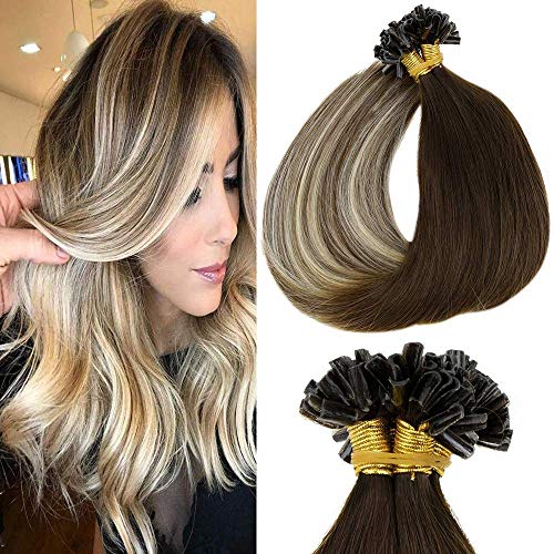 LaaVoo 22Pulgadas Largo Fusion Extensiones de Cabello Natural Mechas Individuales U Tip Bondings Marron Oscuro Balayage Marron Medio Ombre Rubio Claro 50Gramos/50Hebras