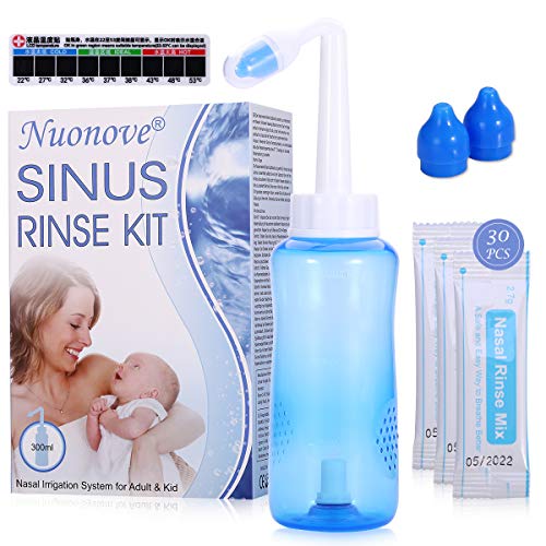 Lavado Nasal, Sinus Rinse, Limpiador Nasal, Botella de 300 ml + 40 paquetes de sal+Cuchara dosificadora + 2 Puntas,Ducha Nasal para Niños y Adultos