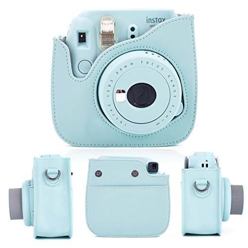 Leebotree Funda Compatible con Instax Mini 9 / Mini 8 8+ Cámara Instantánea, Bolsa de Transporte Fabricada en Cuero, Dispone de Una Correa de Proteger y Bolsillo (Azul Hielo)