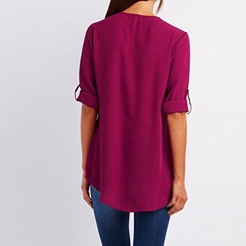 Lenfesh Camiseta de Gasa para Mujer, Sexy Atractiva Cuello V Mangas Medias Camisas Tops Blusas Blusa con Cremallera Escote (XL, Rosado)