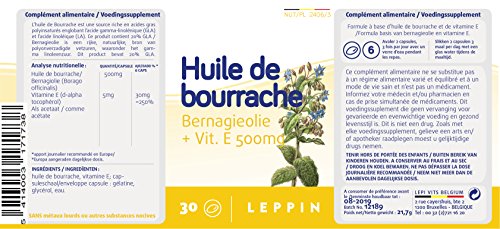 Leppin – Aceite de Borago 500 mg + Vit E 30 Cápsulas aceites ( – Equilibrio de la piel – Suplemento naturales