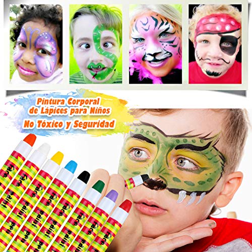 Lictin Pintura de Cara para Niños-Pintura Facial de 8 Colores, 6 Tintes para Cabello, 2 Purpurinas, 1 Pegatinas de Tatuaje, 2 Plantillas, 3 Tocado de Mariposa y Otro, Perfecto para Navidad y Halloween